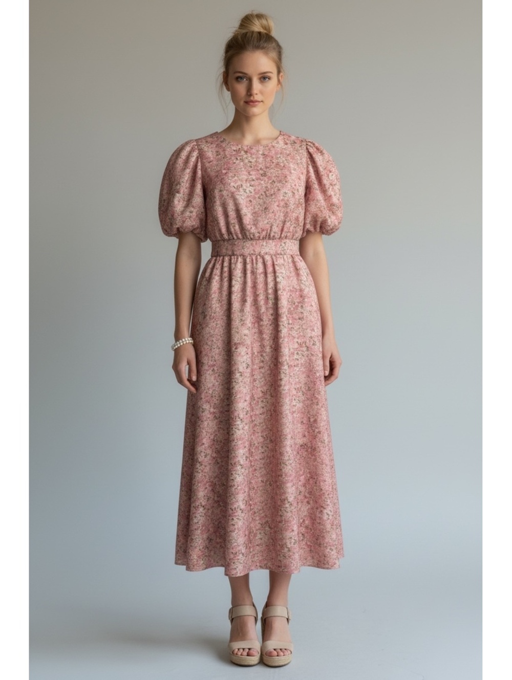 Entro Pink Floral Open Back Puff Sleeve Midi Dress - Small EUC